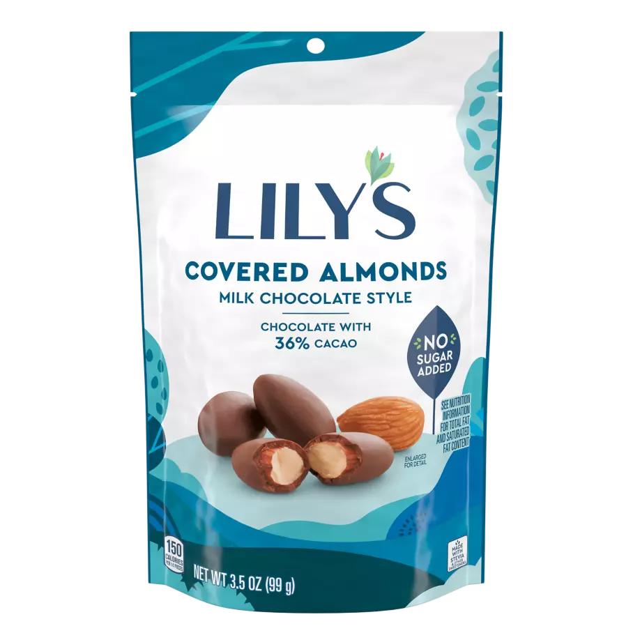 LILY'S Milk Chocolate Style Covered Almonds, 3.5 oz pouch - Front of Package