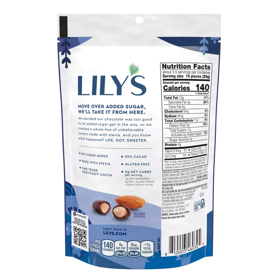 LILY'S Dark Chocolate Style Covered Almonds, 3.5 oz pouch - Back of Package