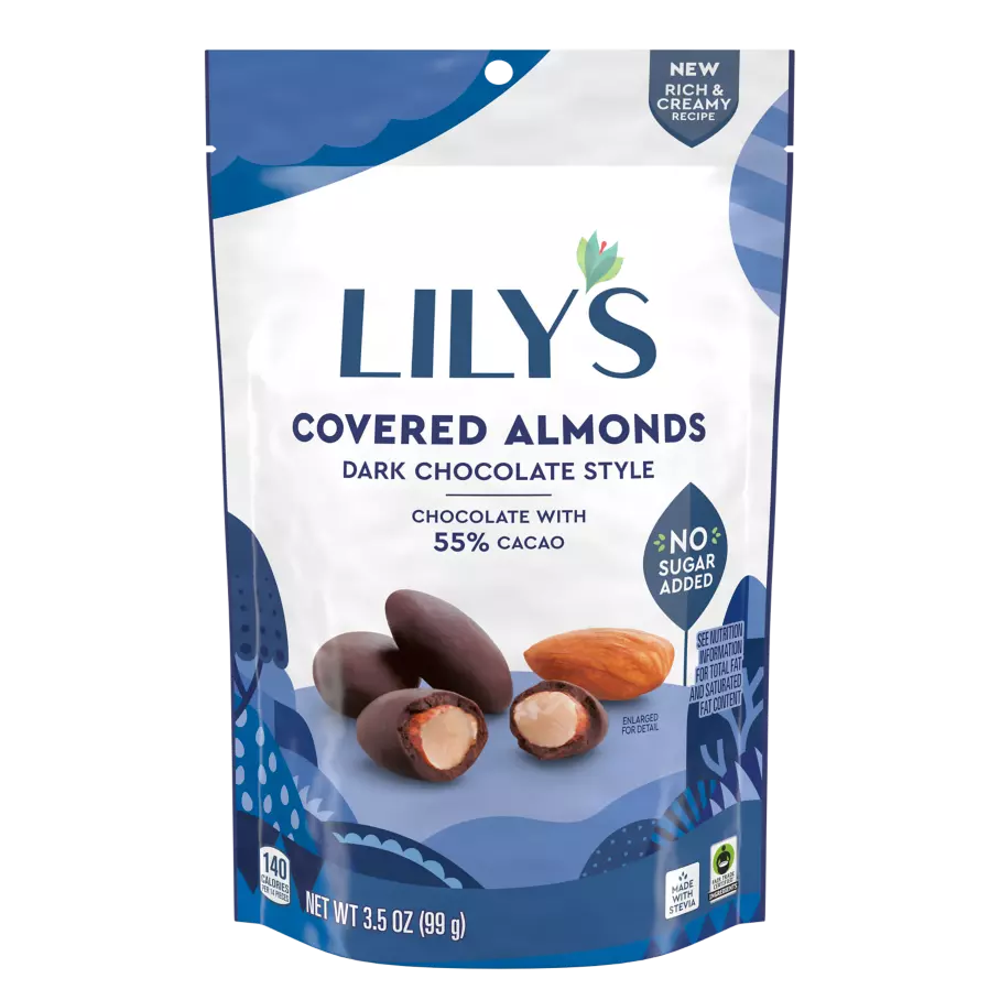 LILY'S Dark Chocolate Style Covered Almonds, 3.5 oz pouch - Front of Package