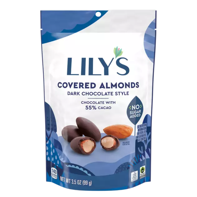 LILY'S Dark Chocolate Style Covered Almonds, 3.5 oz pouch - Front of Package