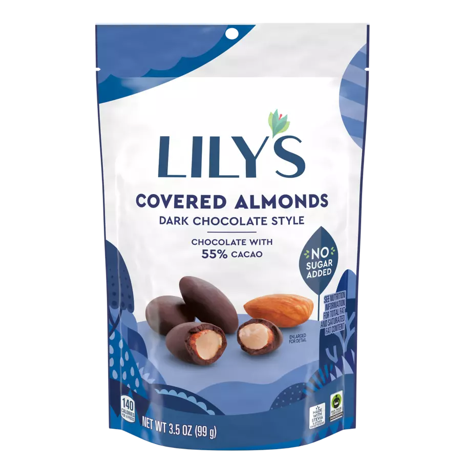 LILY'S Dark Chocolate Style Covered Almonds, 3.5 oz pouch - Front of Package
