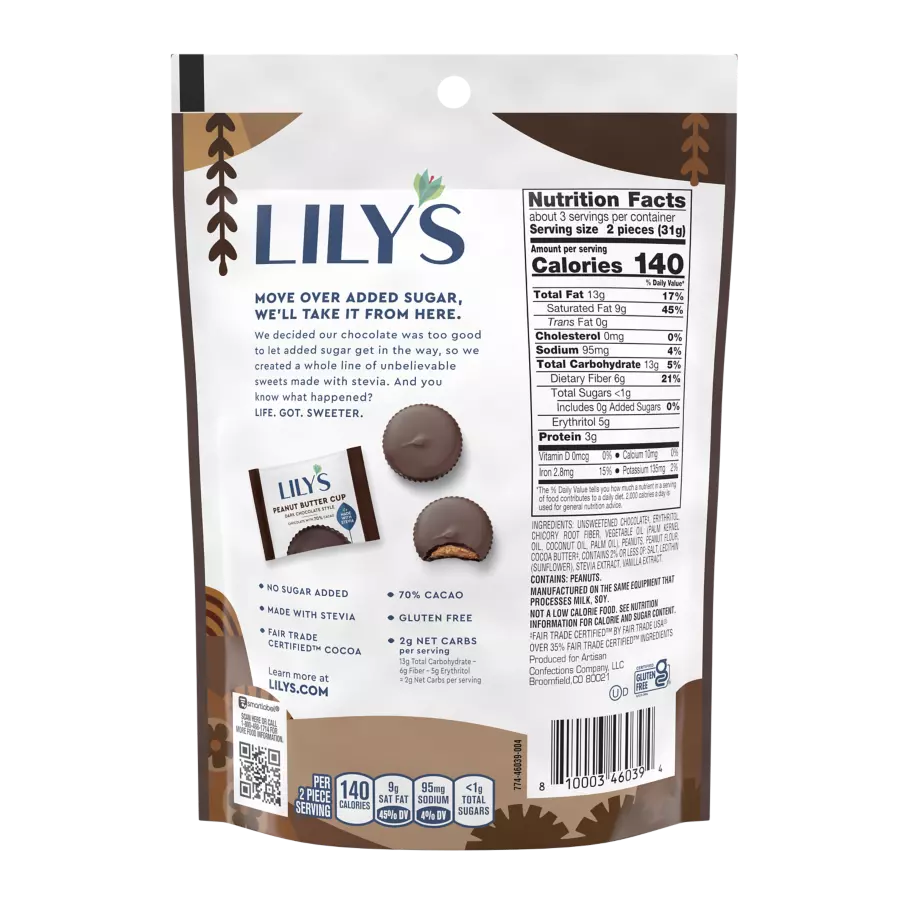 LILY'S Dark Chocolate Style Peanut Butter Cups, 3.2 oz pouch - Back of Package