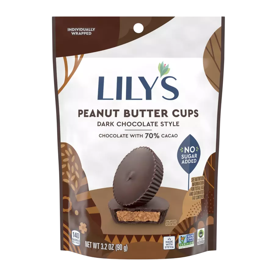 LILY'S Dark Chocolate Style Peanut Butter Cups, 3.2 oz pouch - Front of Package