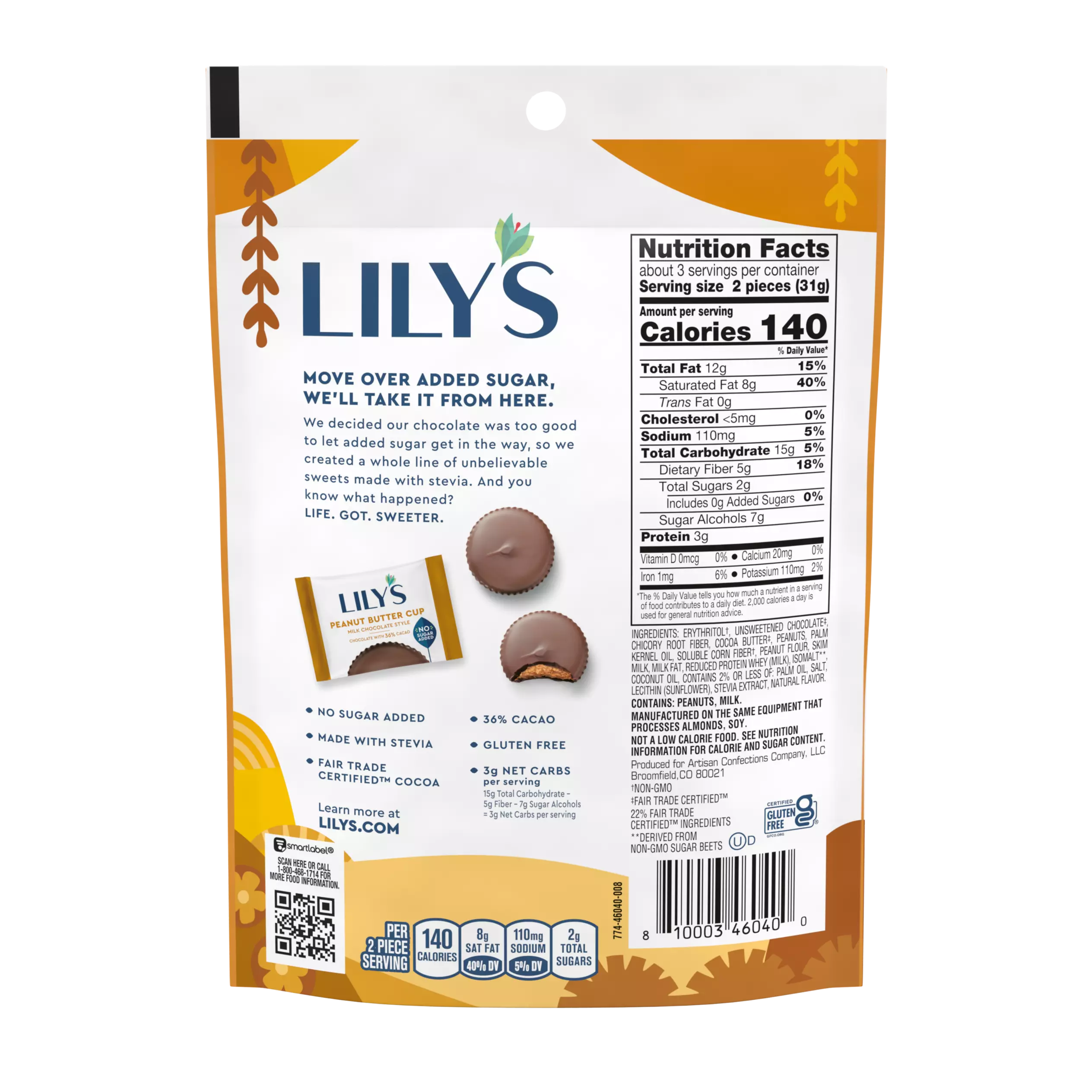 LILY'S Milk Chocolate Style Peanut Butter Cups, 3.2 oz pouch - Back of Package