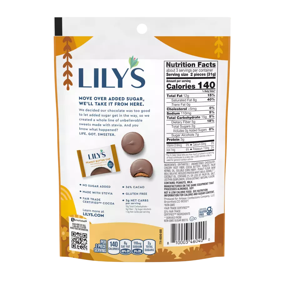 LILY'S Milk Chocolate Style Peanut Butter Cups, 3.2 oz pouch - Back of Package