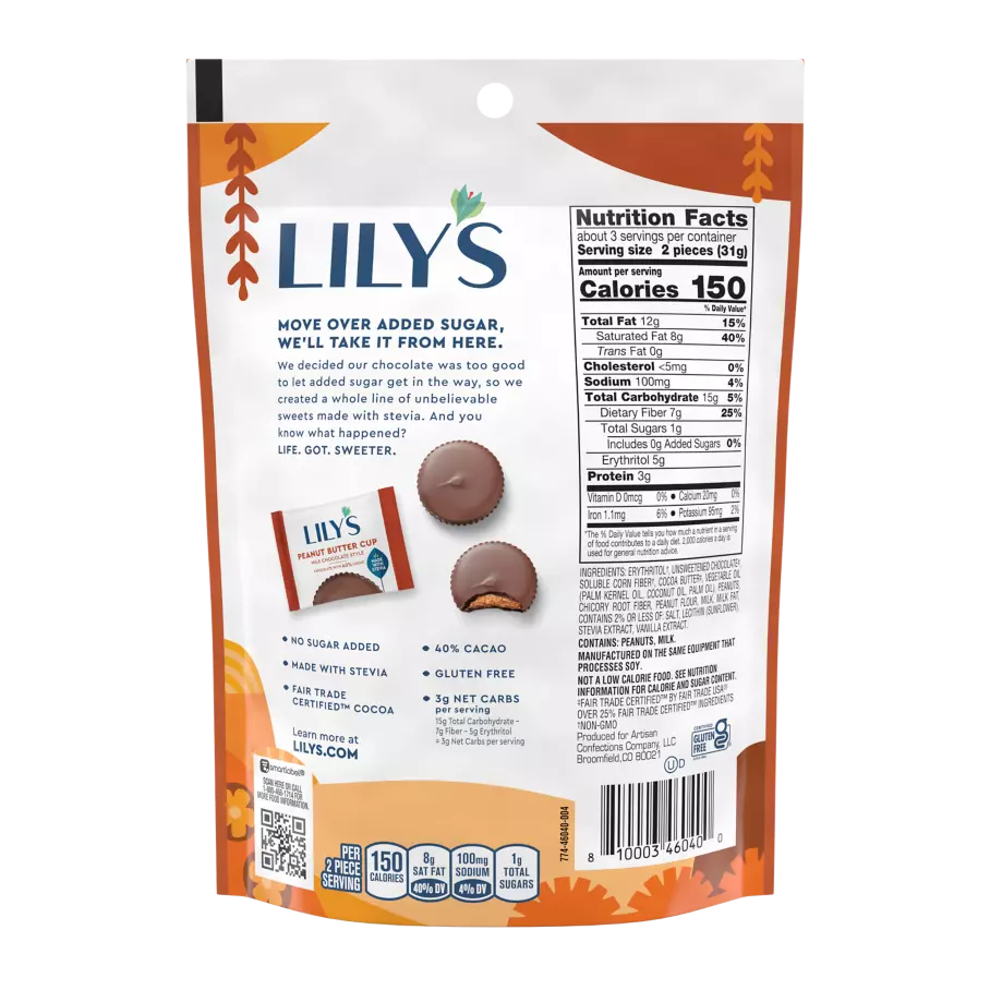 LILY'S Milk Chocolate Style Peanut Butter Cups, 3.2 oz pouch - Back of Package