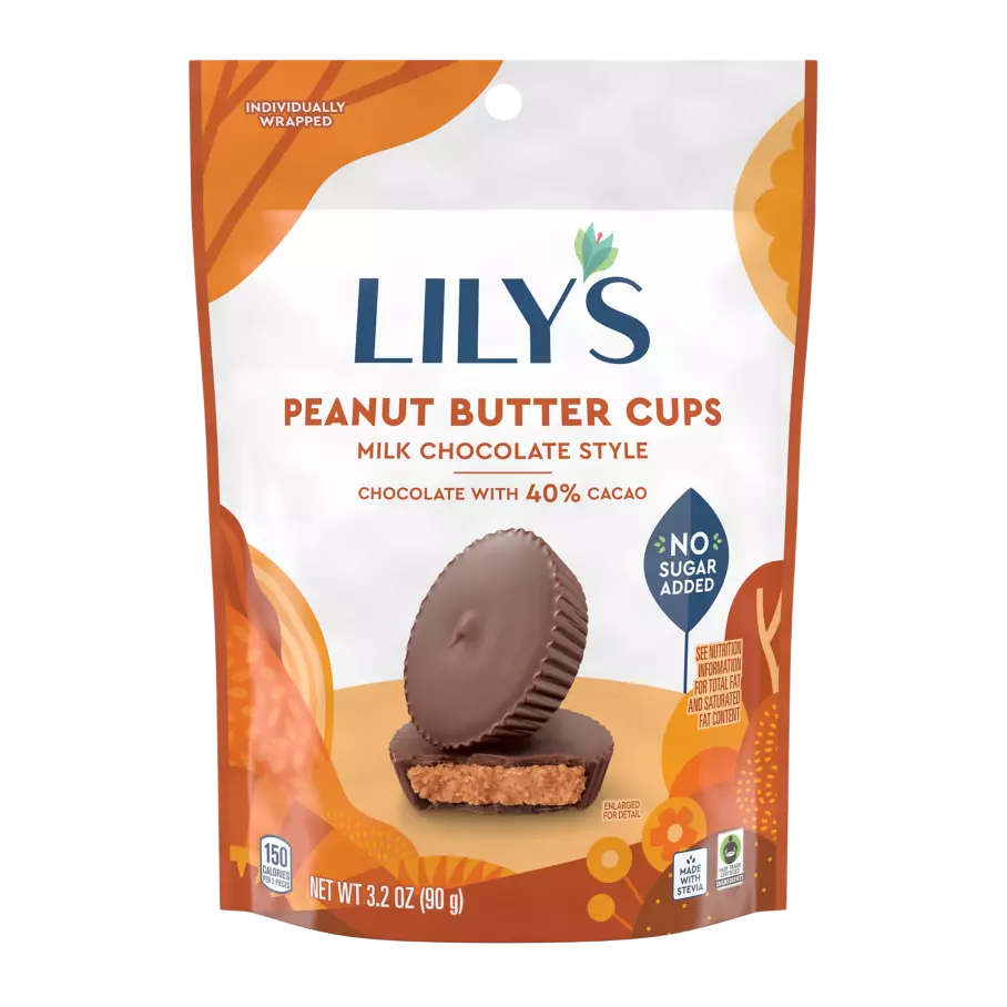 LILY'S Milk Chocolate Style Peanut Butter Cups, 3.2 oz pouch - Front of Package