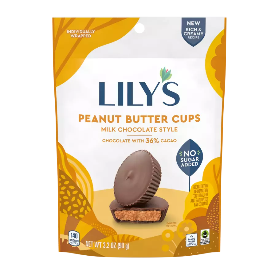 LILY'S Milk Chocolate Style Peanut Butter Cups, 3.2 oz pouch - Front of Package