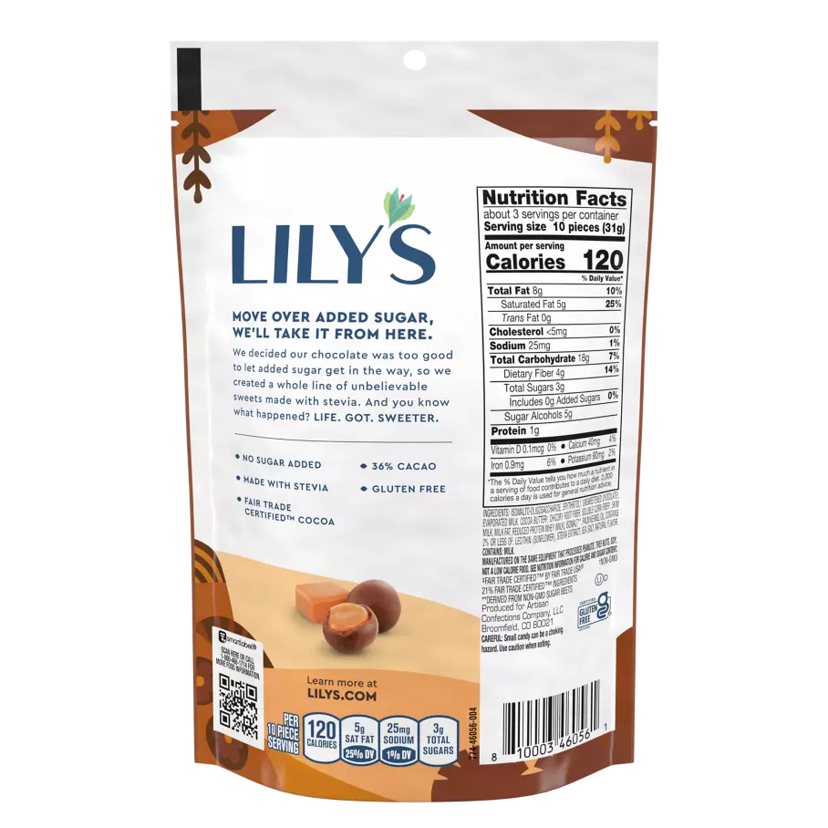 LILY'S Milk Chocolate Style Covered Caramels, 3.5 oz pouch - Back of Package