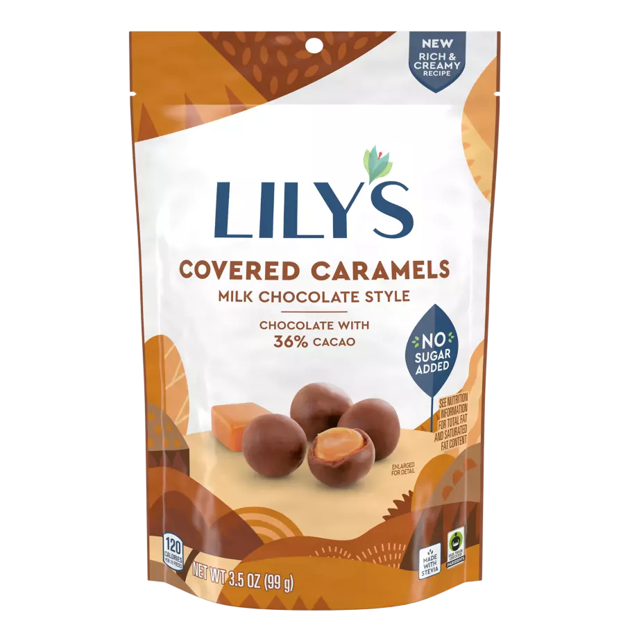LILY'S Milk Chocolate Style Covered Caramels, 3.5 oz pouch - Front of Package