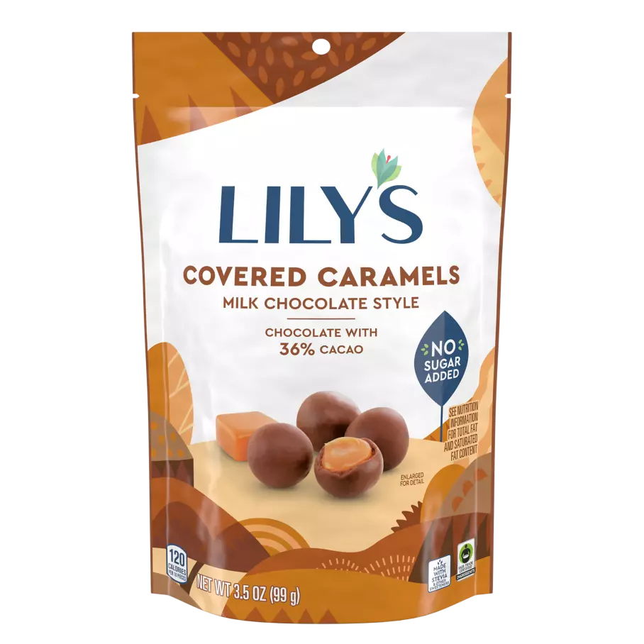 LILY'S Milk Chocolate Style Covered Caramels, 3.5 oz pouch - Front of Package