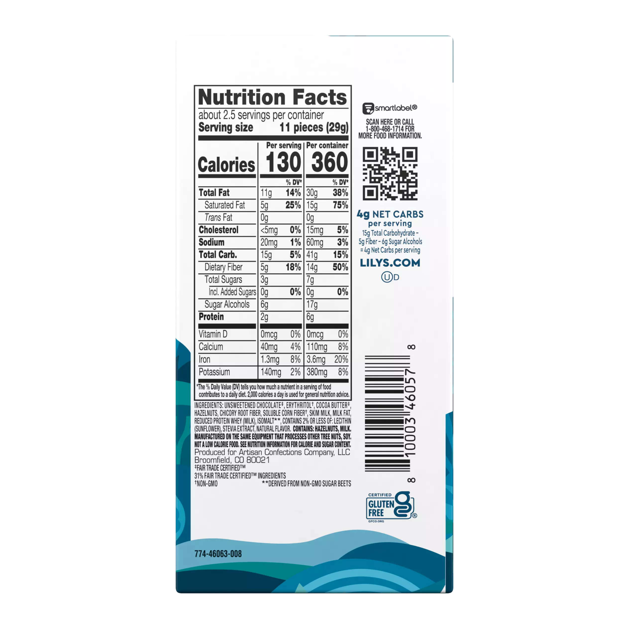 LILY'S Hazelnut Milk Chocolate Style Bar, 2.8 oz - Back of Package