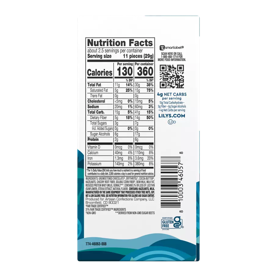 LILY'S Hazelnut Milk Chocolate Style Bar, 2.8 oz - Back of Package