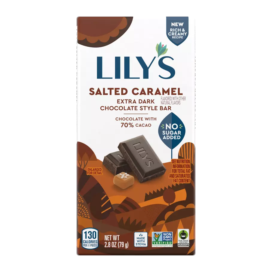 LILY'S Salted Caramel Extra Dark Chocolate Style Bar, 2.8 oz - Front of Package