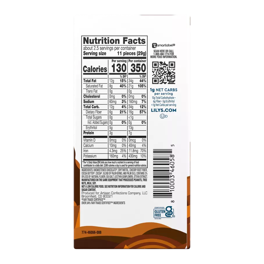 LILY'S Salted Caramel Extra Dark Chocolate Style Bar, 2.8 oz - Back of Package