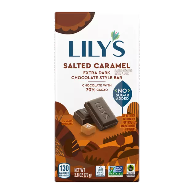 LILY'S Salted Caramel Extra Dark Chocolate Style Bar, 2.8 oz - Front of Package