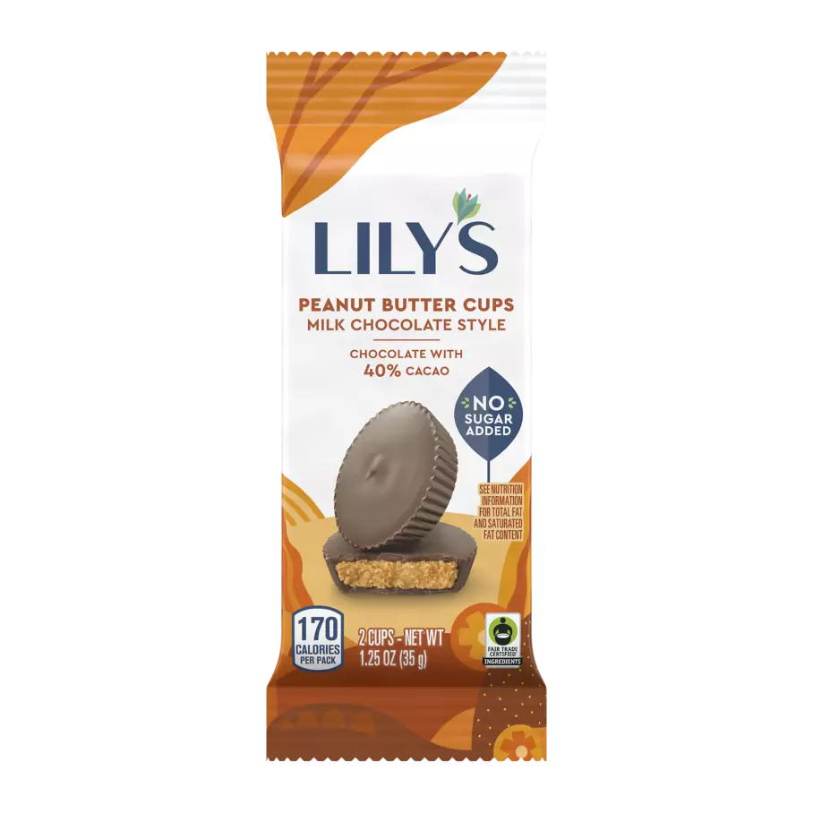 LILY'S Milk Chocolate Style Peanut Butter Cups, 1.25 oz, 2 pack - Front of Package