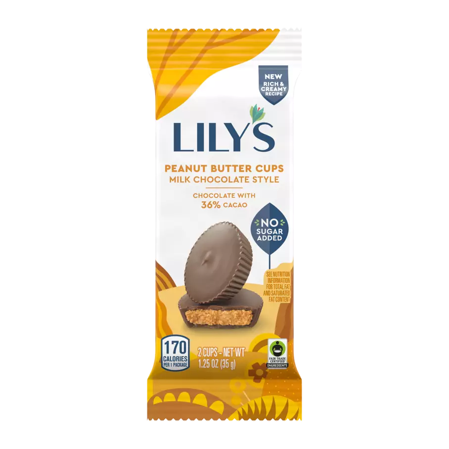 LILY'S Milk Chocolate Style Peanut Butter Cups, 1.25 oz, 2 pack - Front of Package