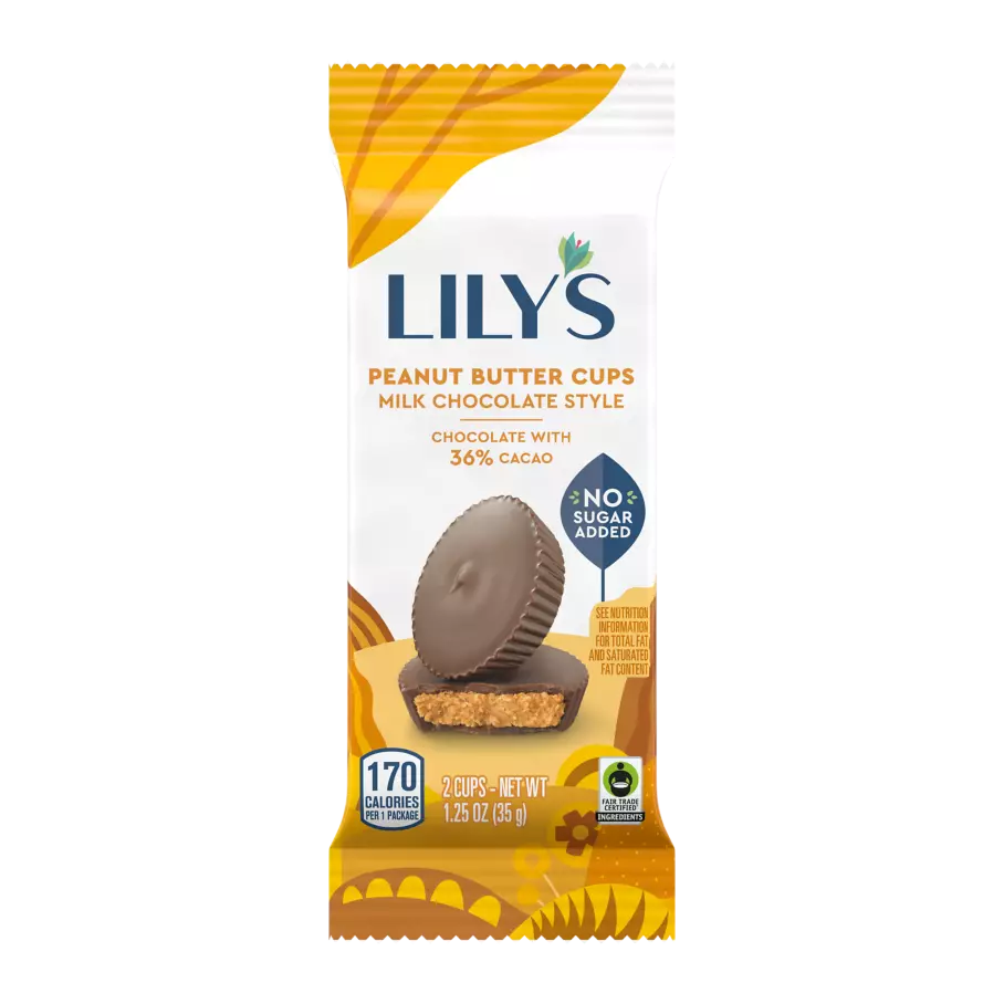 LILY'S Milk Chocolate Style Peanut Butter Cups, 1.25 oz, 2 pack - Front of Package