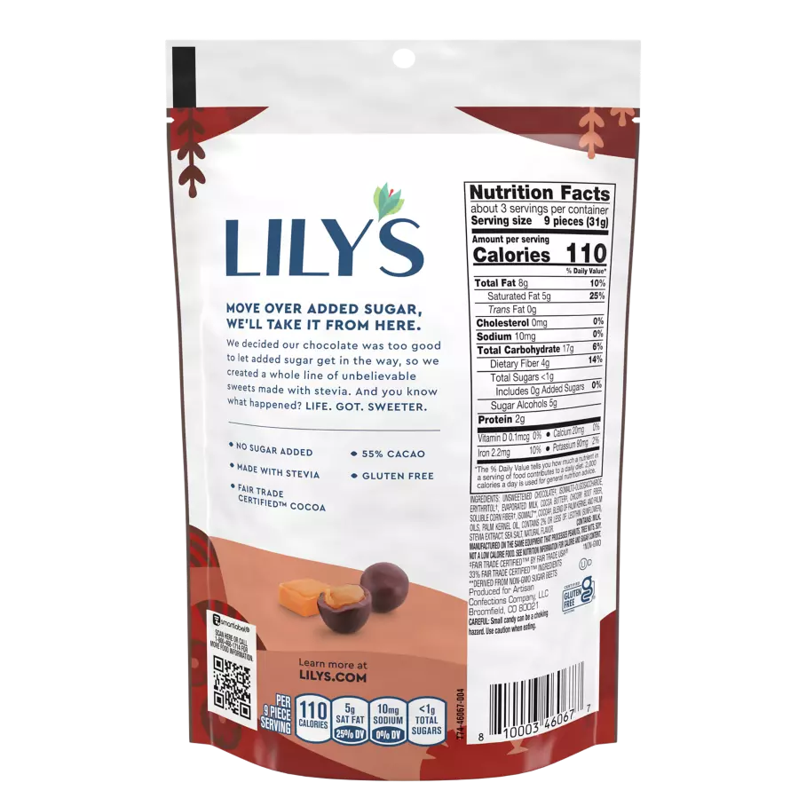 LILY'S Dark Chocolate Style Covered Caramels, 3.5 oz pouch - Back of Package