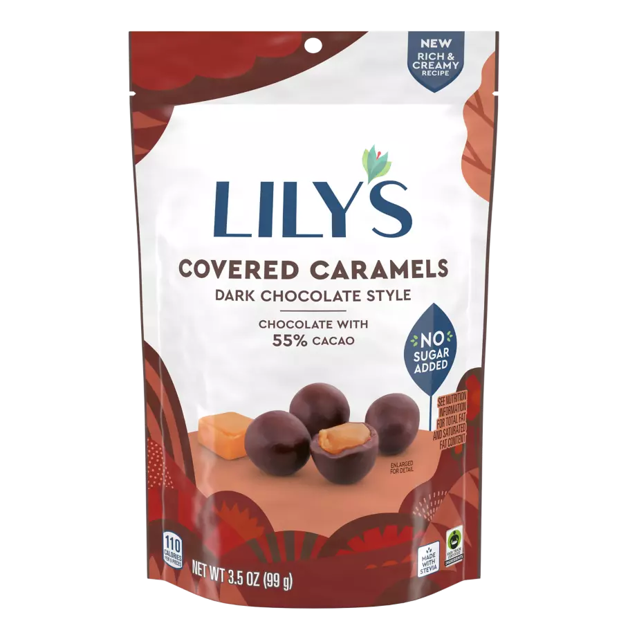 LILY'S Dark Chocolate Style Covered Caramels, 3.5 oz pouch - Front of Package