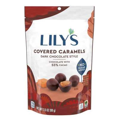 LILY'S Dark Chocolate Style Covered Caramels, 3.5 oz pouch - Front of Package
