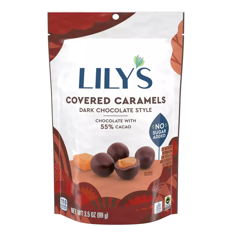 LILY'S Dark Chocolate Style Covered Caramels, 3.5 oz pouch - Front of Package