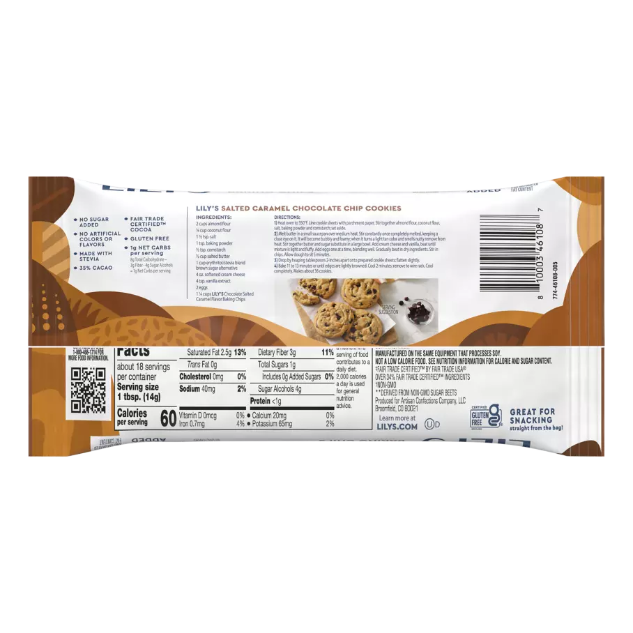 LILY'S Chocolate Salted Caramel Flavor Baking Chips, 9 oz bag - Back of Package