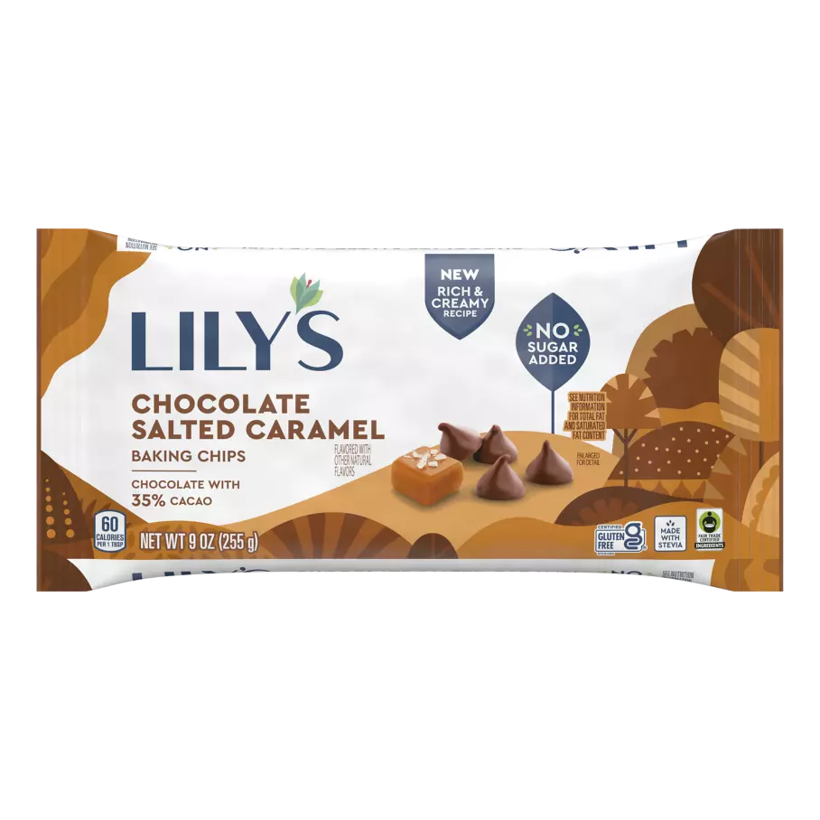 LILY'S Chocolate Salted Caramel Flavor Baking Chips, 9 oz bag - Front of Package