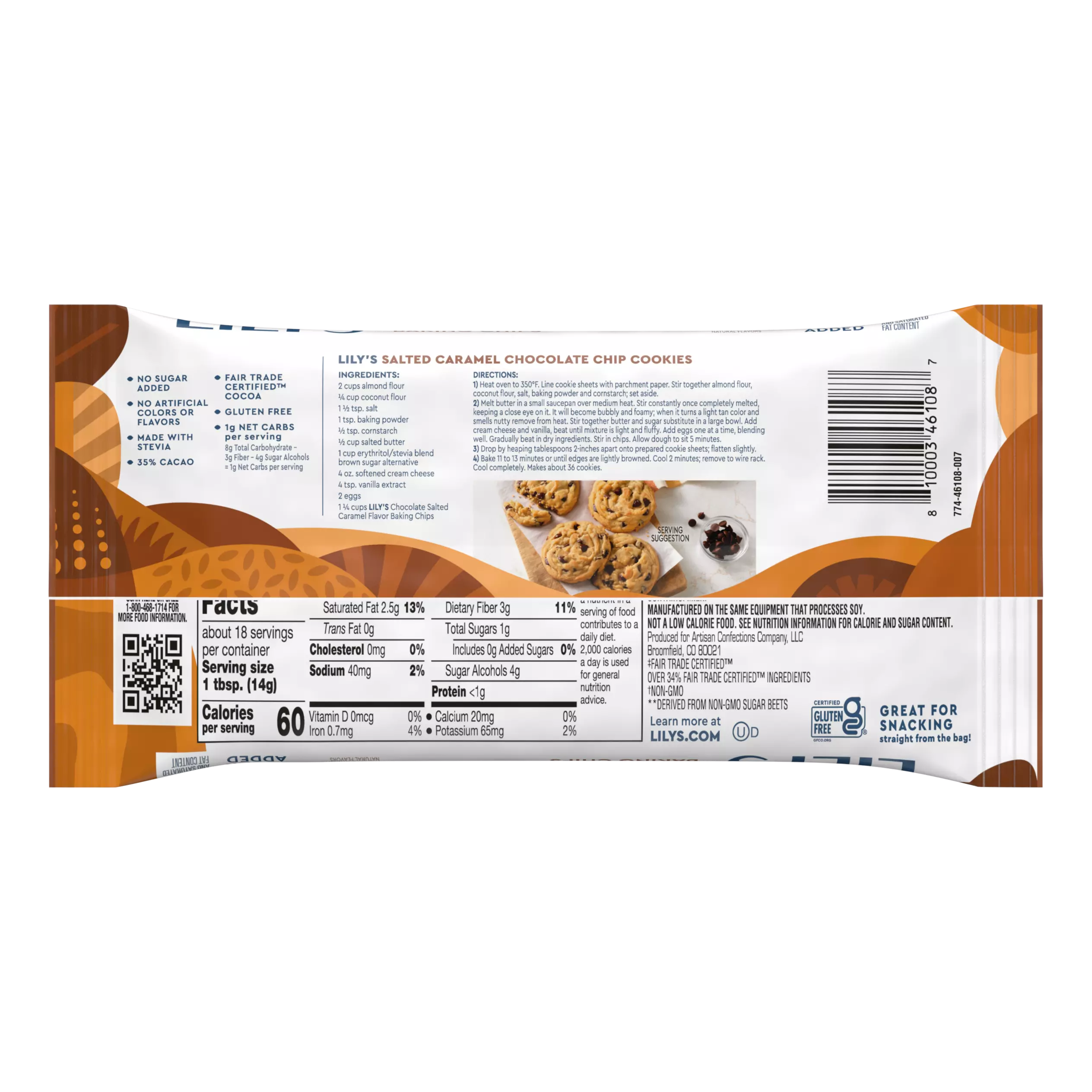 LILY'S Chocolate Salted Caramel Flavor Baking Chips, 9 oz bag - Back of Package