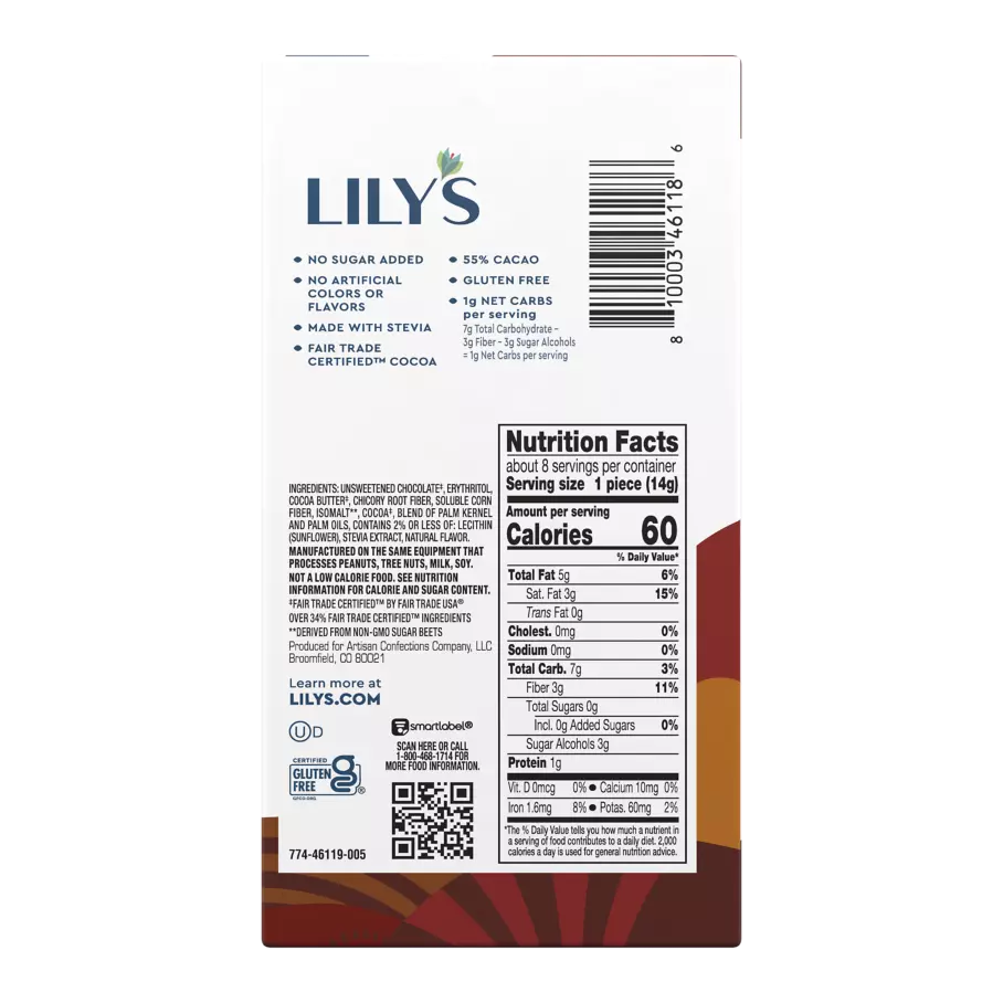 LILY'S Dark Chocolate Style Baking Bar, 4 oz - Back of Package