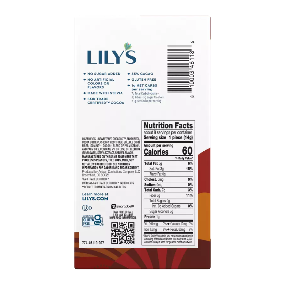 LILY'S Dark Chocolate Style Baking Bar, 4 oz - Back of Package