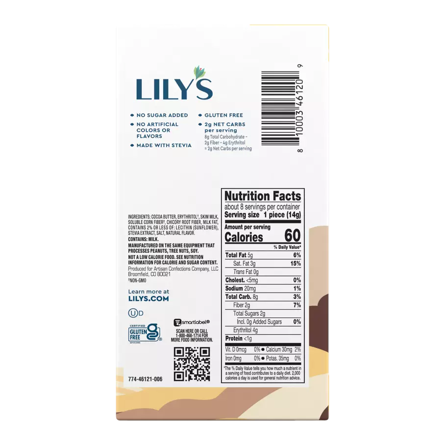 LILY'S White Chocolate Style Baking Bar, 4 oz - Back of Package