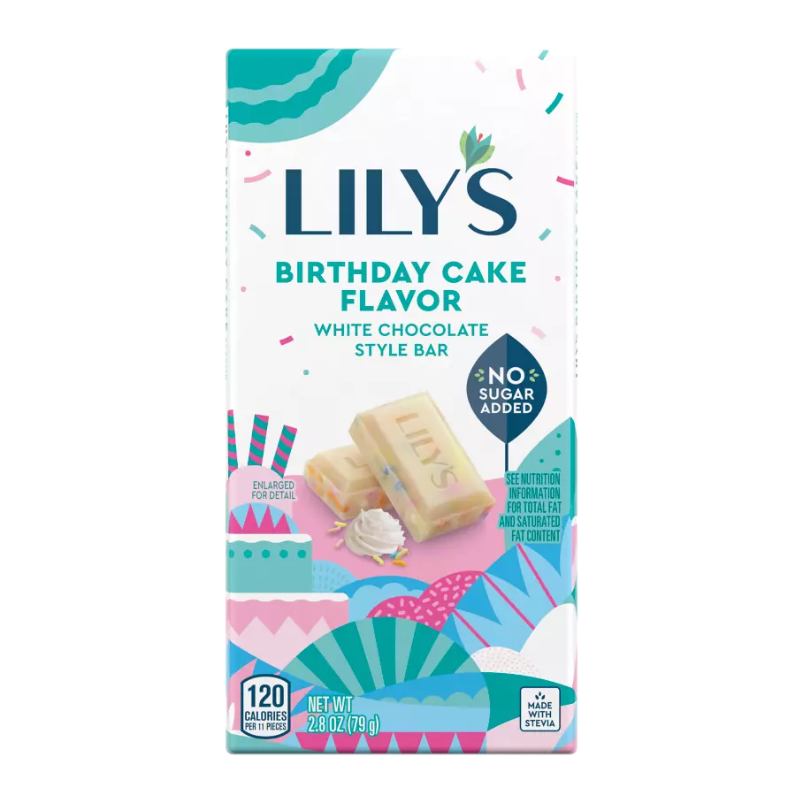 LILY'S Birthday Cake White Chocolate Style Bar, 2.8 oz - Front of Package