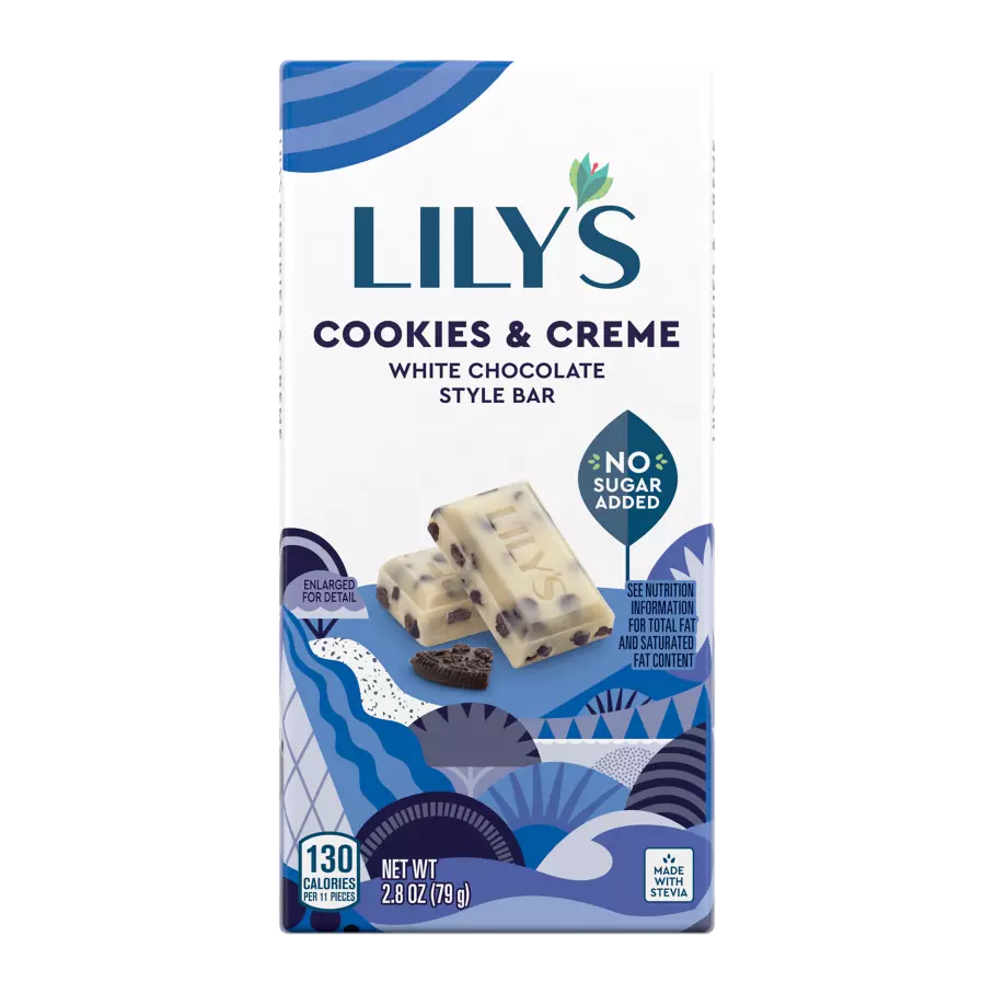 LILY'S Cookies & Crème White Chocolate Style Bar, 2.8 oz - Front of Package