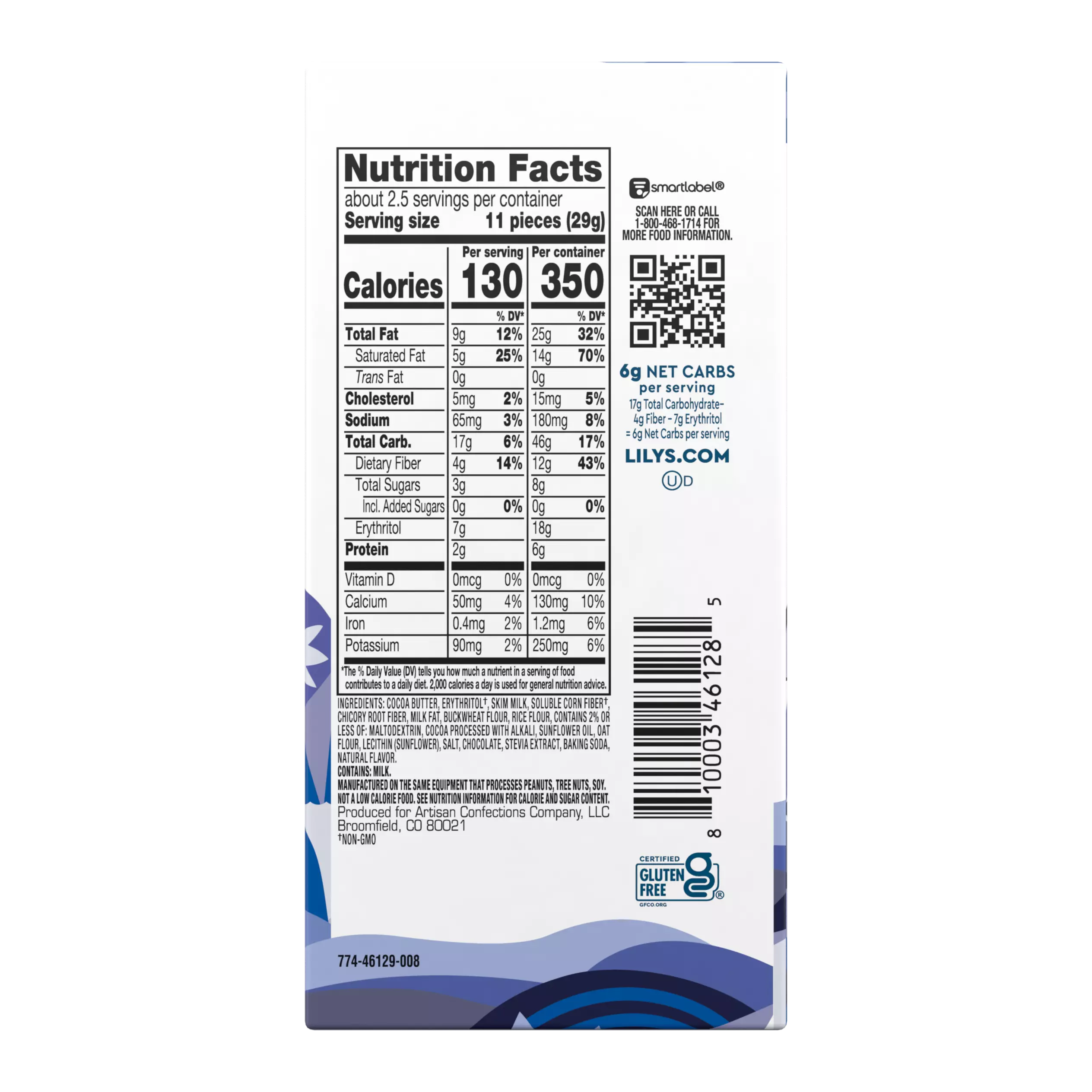 LILY'S Cookies & Crème White Chocolate Style Bar, 2.8 oz - Back of Package