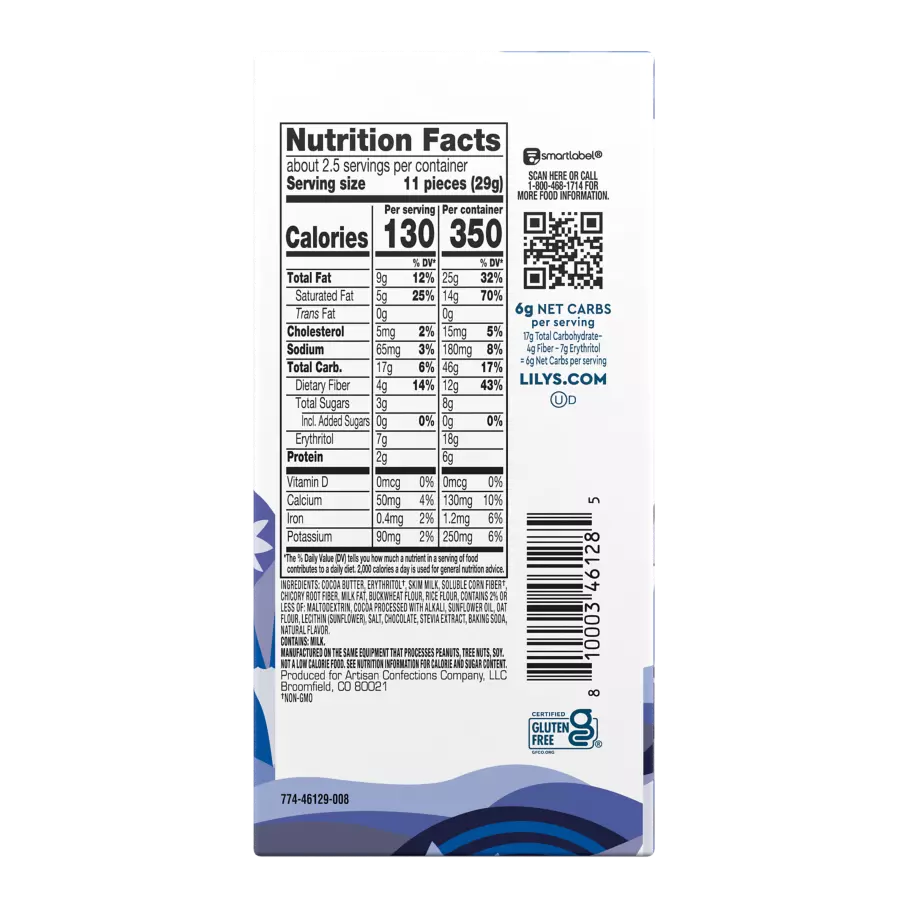 LILY'S Cookies & Crème White Chocolate Style Bar, 2.8 oz - Back of Package