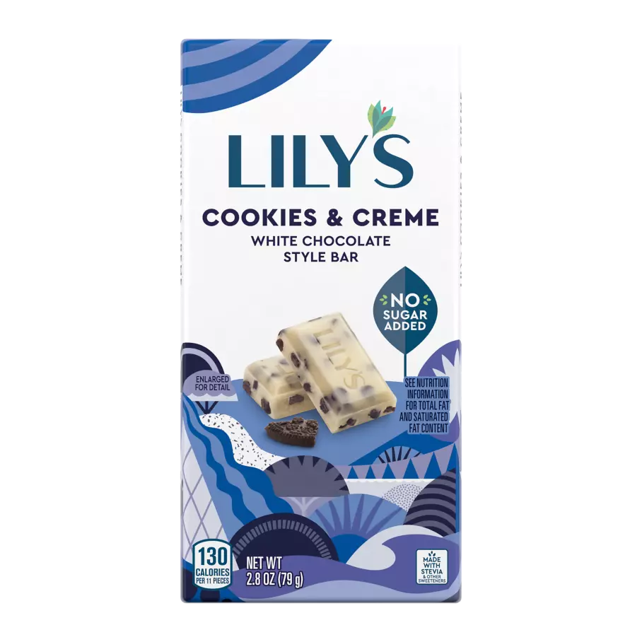 LILY'S Cookies & Crème White Chocolate Style Bar, 2.8 oz - Front of Package