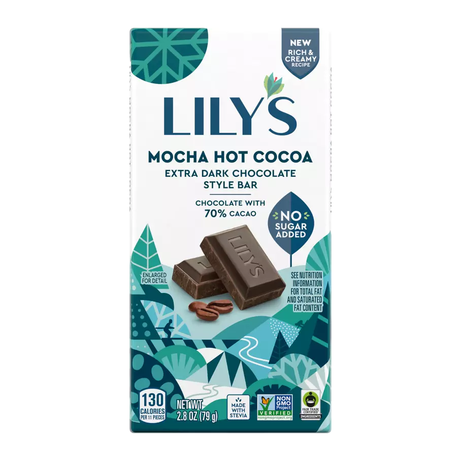 LILY'S Mocha Hot Cocoa Extra Dark Chocolate Style Bar, 2.8 oz - Front of Package
