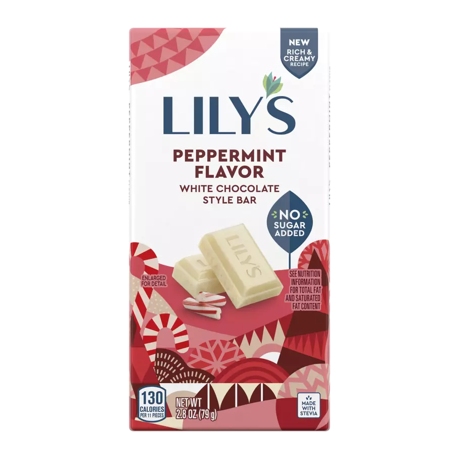 LILY'S Peppermint Flavor White Chocolate Style Bar, 2.8 oz - Front of Package