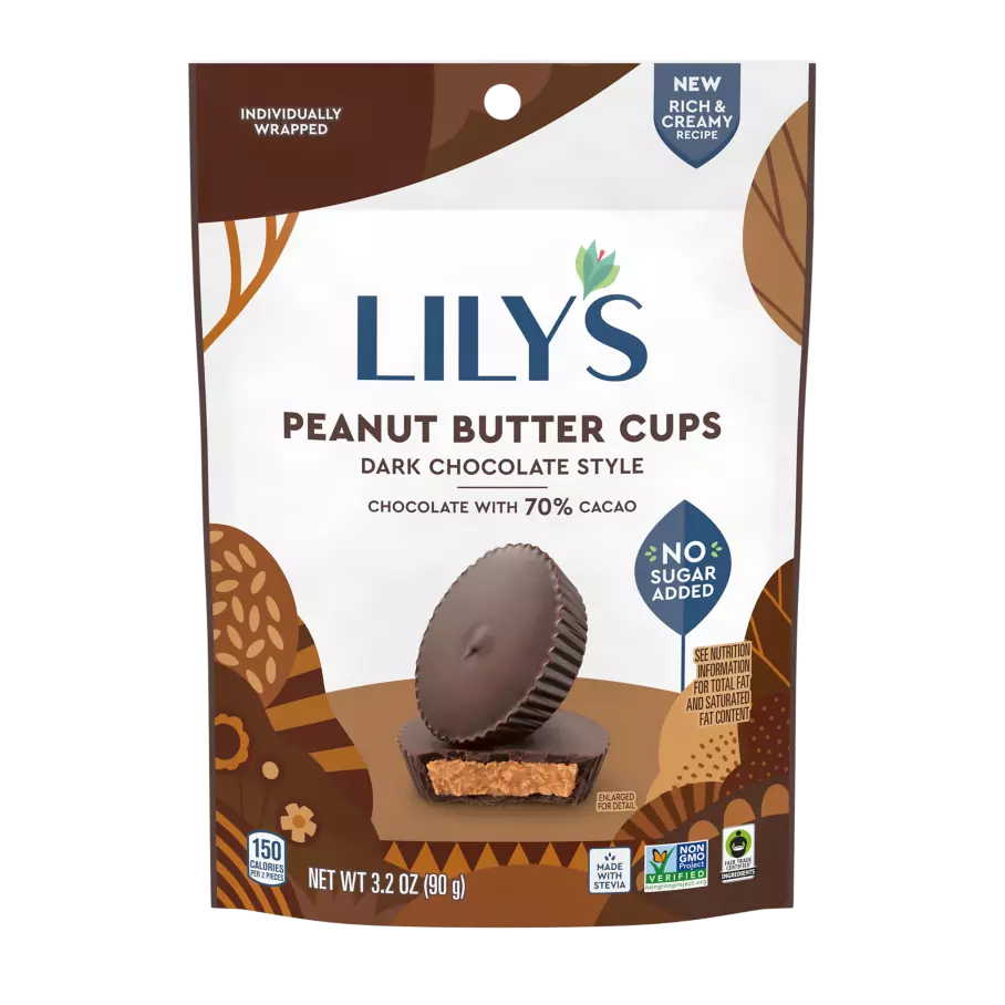 LILY'S Dark Chocolate Style Peanut Butter Cups, 3.2 oz pouch - Front of Package