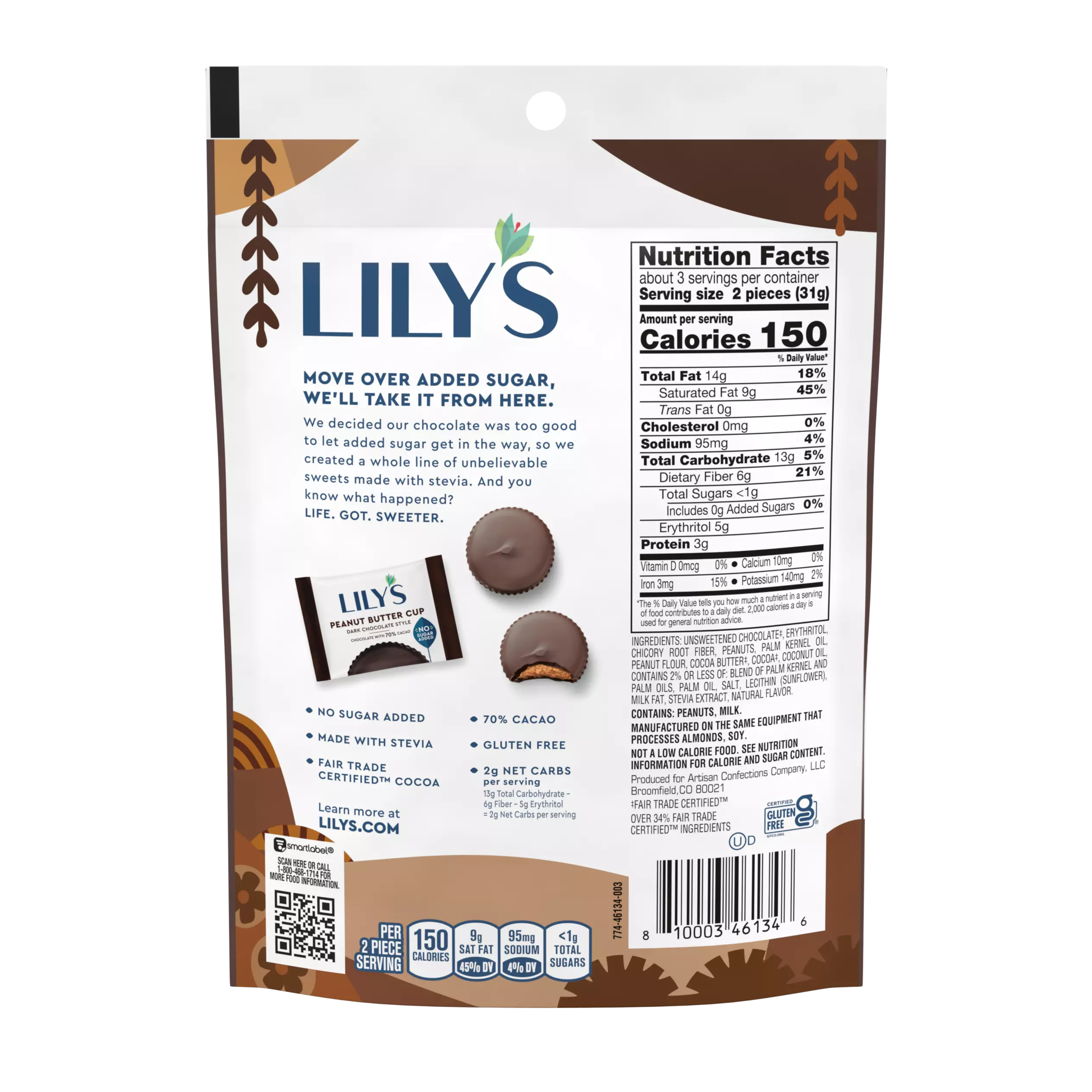 LILY'S Dark Chocolate Style Peanut Butter Cups, 3.2 oz pouch - Back of Package