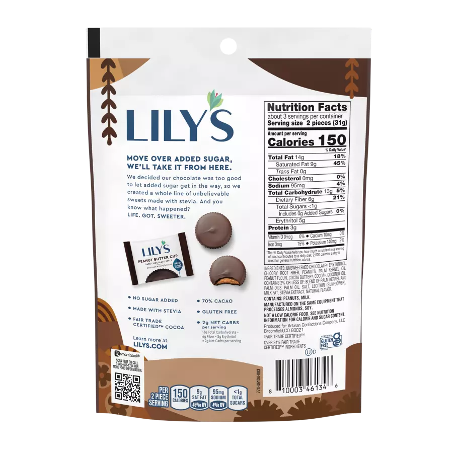 LILY'S Dark Chocolate Style Peanut Butter Cups, 3.2 oz pouch - Back of Package