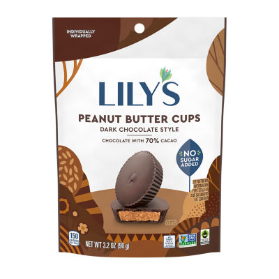 LILY'S Dark Chocolate Style Peanut Butter Cups, 3.2 oz pouch - Front of Package