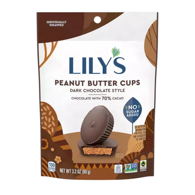 LILY'S Dark Chocolate Style Peanut Butter Cups, 3.2 oz pouch - Front of Package