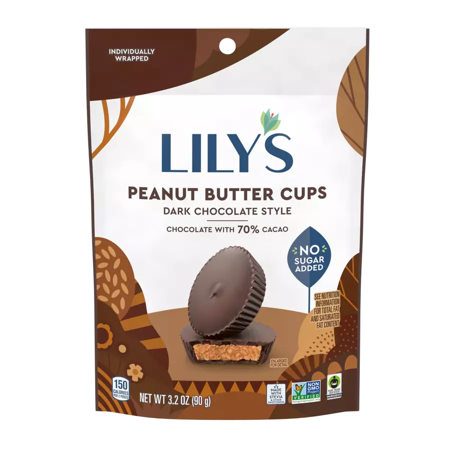 LILY'S Dark Chocolate Style Peanut Butter Cups, 3.2 oz pouch - Front of Package