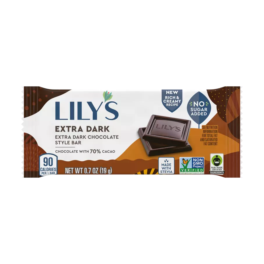 LILY'S Extra Dark Chocolate Style Bar, 0.7 oz - Front of Package