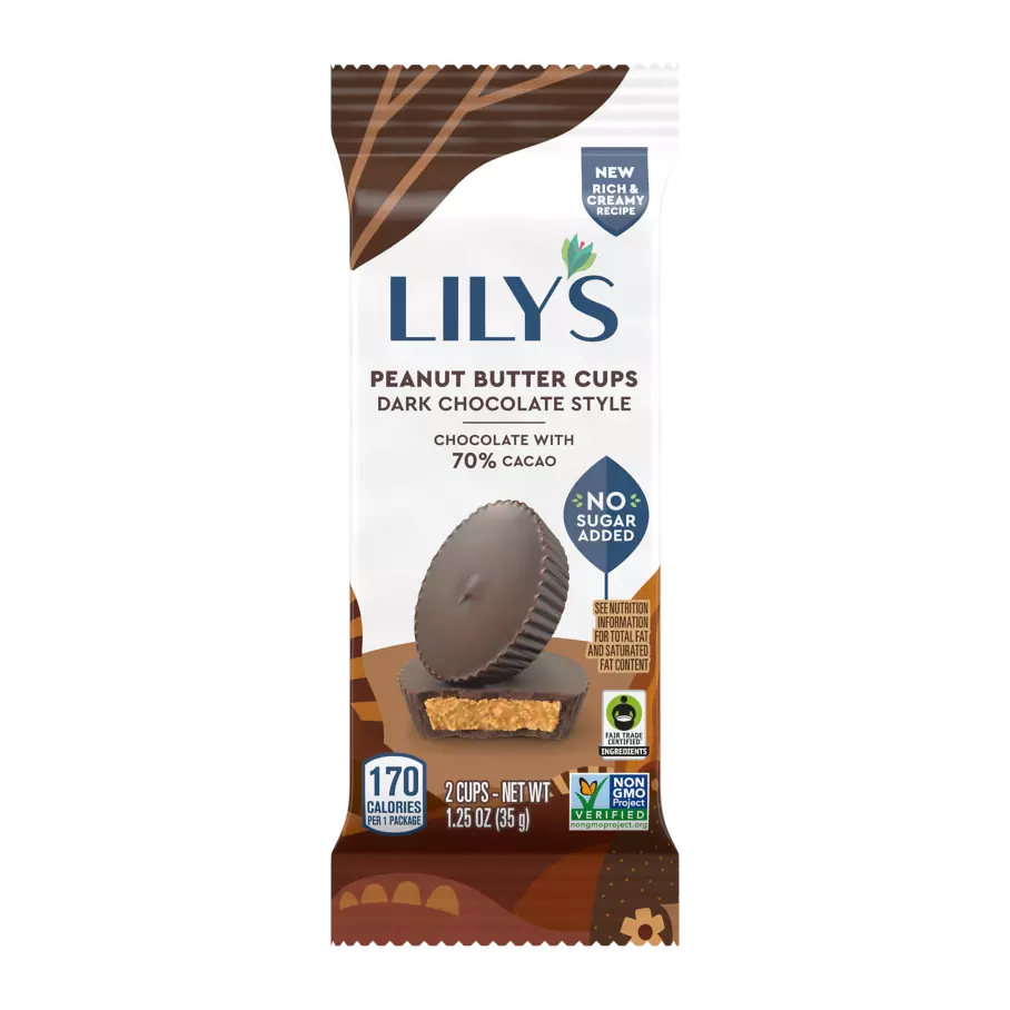 LILY'S Dark Chocolate Style Peanut Butter Cups, 1.25 oz, 2 pack - Front of Package