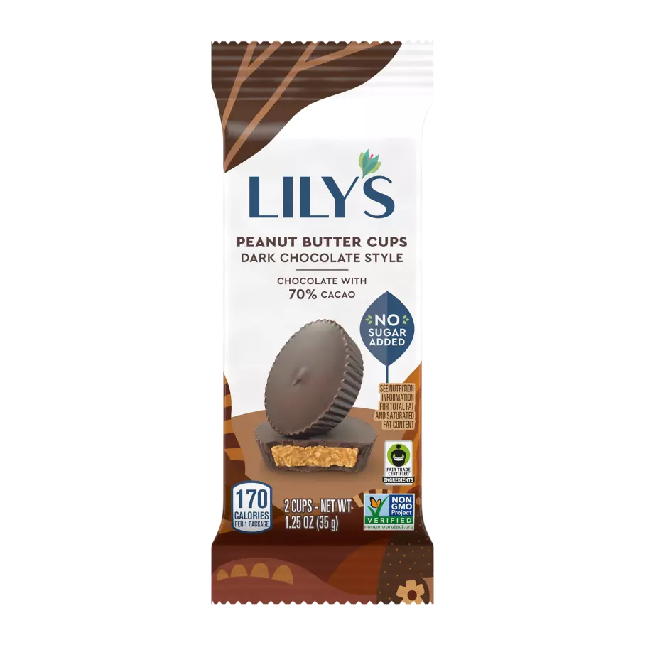 LILY'S Dark Chocolate Style Peanut Butter Cups, 1.25 oz, 2 pack - Front of Package