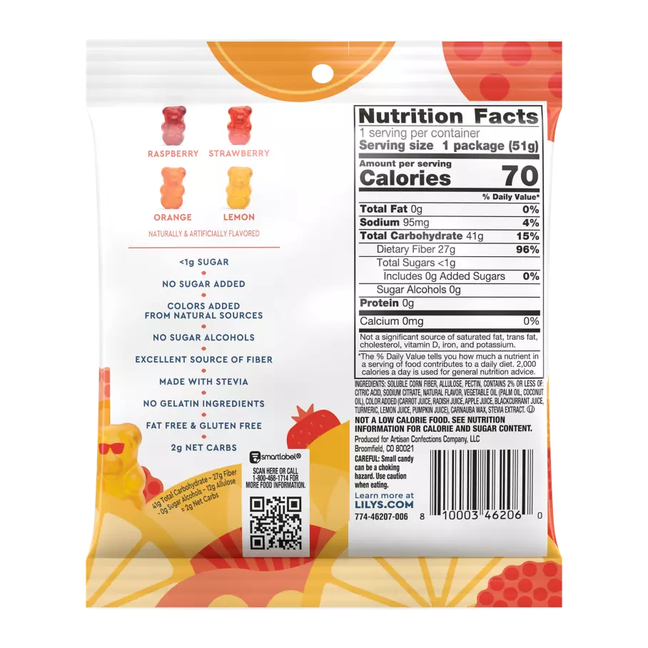 LILY'S Gummy Bears, 1.8 oz bag - Back of Package